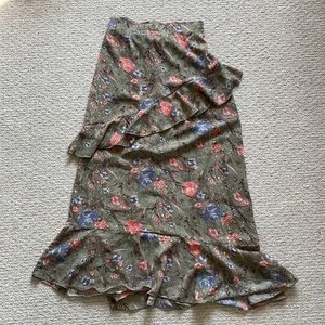 Green floral ruffle maxi skirt
